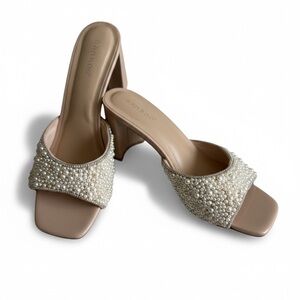 BAMBOO Women's Pearl Embellished Cream Heels